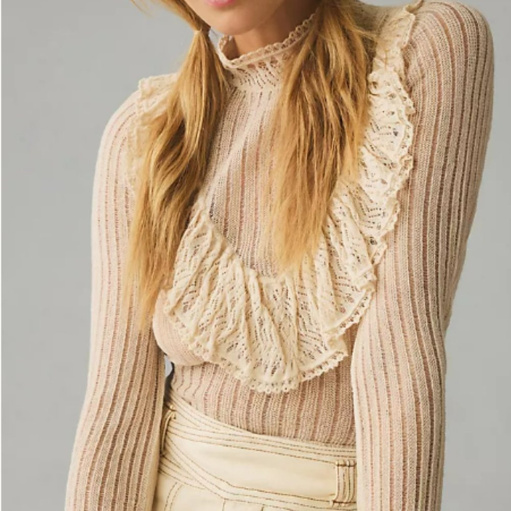 NWT By Anthropologie Sheer Ruffle Sweater, Ivory, Size XS